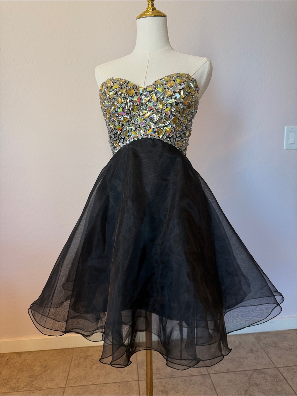 Strapless Black Dress with Crystal-Embellished Bodice